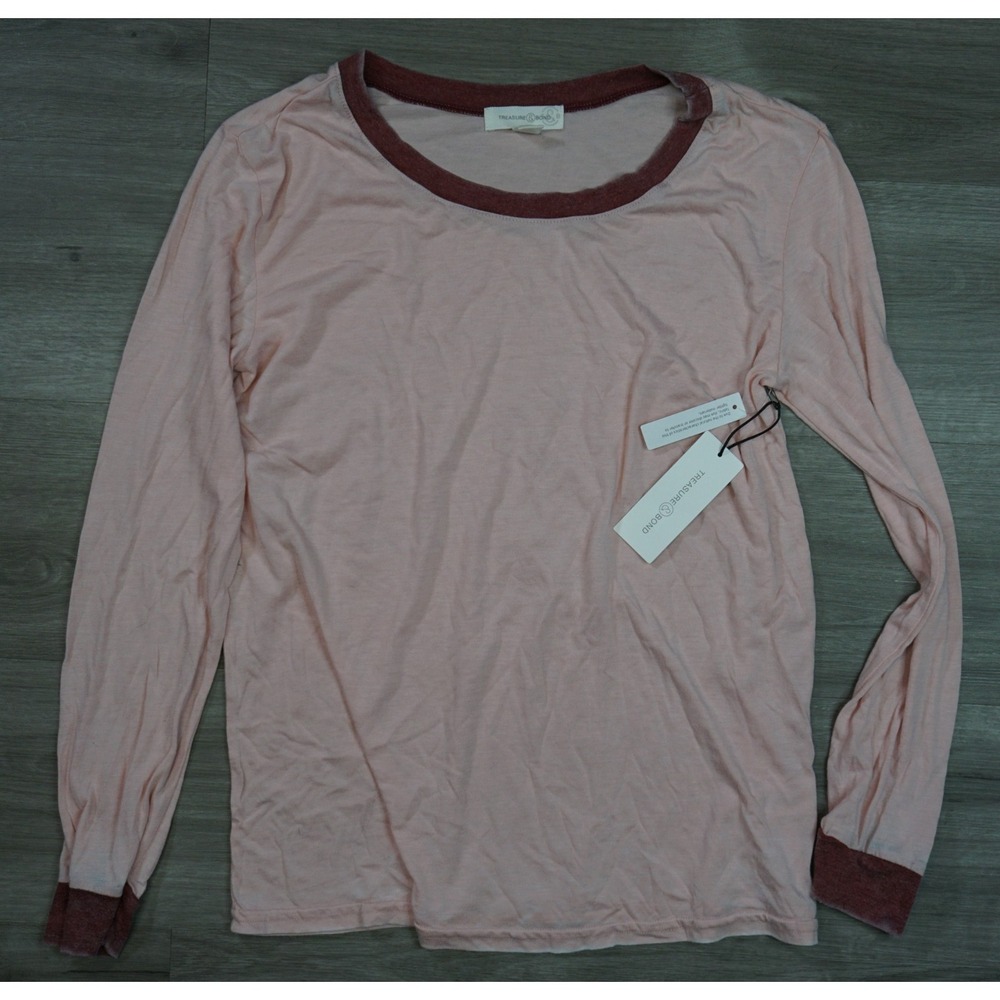 New Treasure & Bond Womens Small Long Sleeve Pink Red Lightweight Crew Tee Shirt